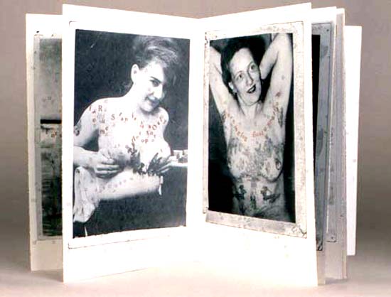 Letterpress-printed plates from photographs of tattooed women (breasts).